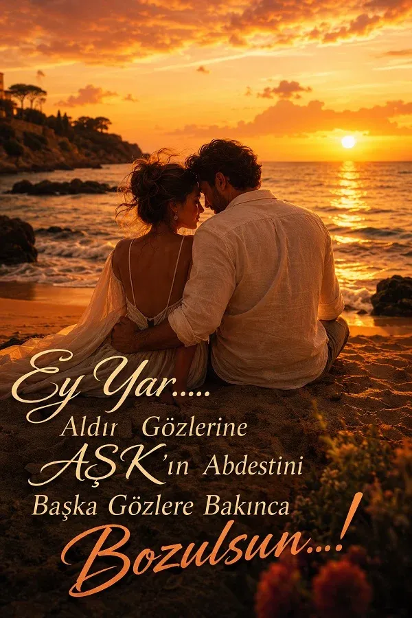 Gün batımında sahilde birbirine sarılarak oturan bir çiftin yer aldığı romantik tasarım; üzerinde “Ey Yar… Aldır gözlerine aşkın abdestini, başka gözlere bakınca bozulsun” sözü bulunuyor.