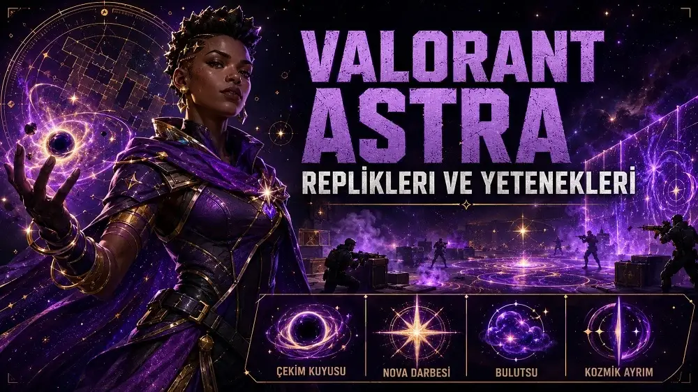 Valorant Astra replikleri ve yetenekleri başlıklı kapak görselinde, mor ve altın kozmik enerjiyle çevrili Astra savaş alanında yer alırken altta yetenek ikonları bulunuyor.