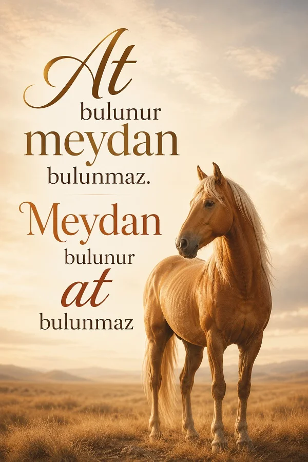 Açık bozkır manzarasında duran açık kahverengi bir at ve yanında “At bulunur meydan bulunmaz. Meydan bulunur at bulunmaz.” yazısının yer aldığı söz tasarımı.