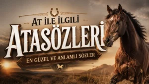Gün batımı atmosferinde koşan kahverengi at figürü ve büyük tipografiyle hazırlanmış “At ile İlgili Atasözleri: En Güzel ve Anlamlı Sözler” başlıklı modern kapak görseli.