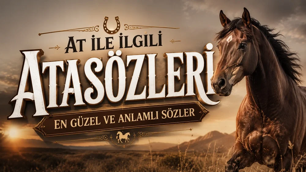 Gün batımı atmosferinde koşan kahverengi at figürü ve büyük tipografiyle hazırlanmış “At ile İlgili Atasözleri: En Güzel ve Anlamlı Sözler” başlıklı modern kapak görseli.