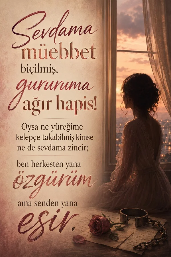Pencere önünde oturan kadın, zincir ve gül detayları eşliğinde “özgürüm ama senden yana esir” duygusunu anlatan uzun sözlü görsel.