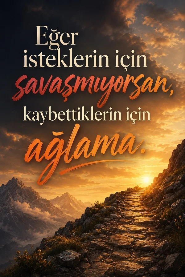 Dağ yolunda gün doğumu manzarası üzerinde “Eğer isteklerin için savaşmıyorsan, kaybettiklerin için ağlama” sözünün yer aldığı motivasyon görseli.