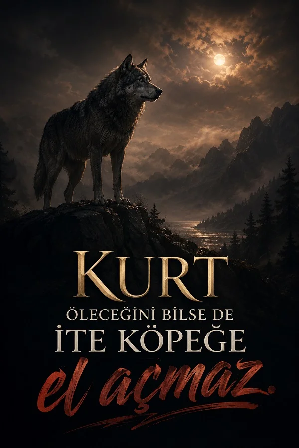 Gece vakti kayanın üzerinde duran kurt ile “Kurt öleceğini bilse de ite köpeğe el açmaz” sözünün yazılı olduğu karanlık tonlu görsel.