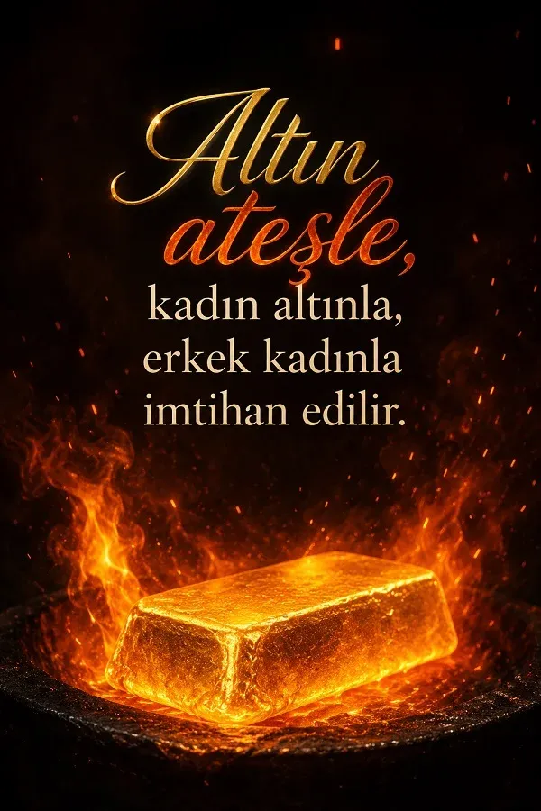 Ateş içindeki altın külçesi ve imtihan üzerine anlamlı söz bulunan görsel