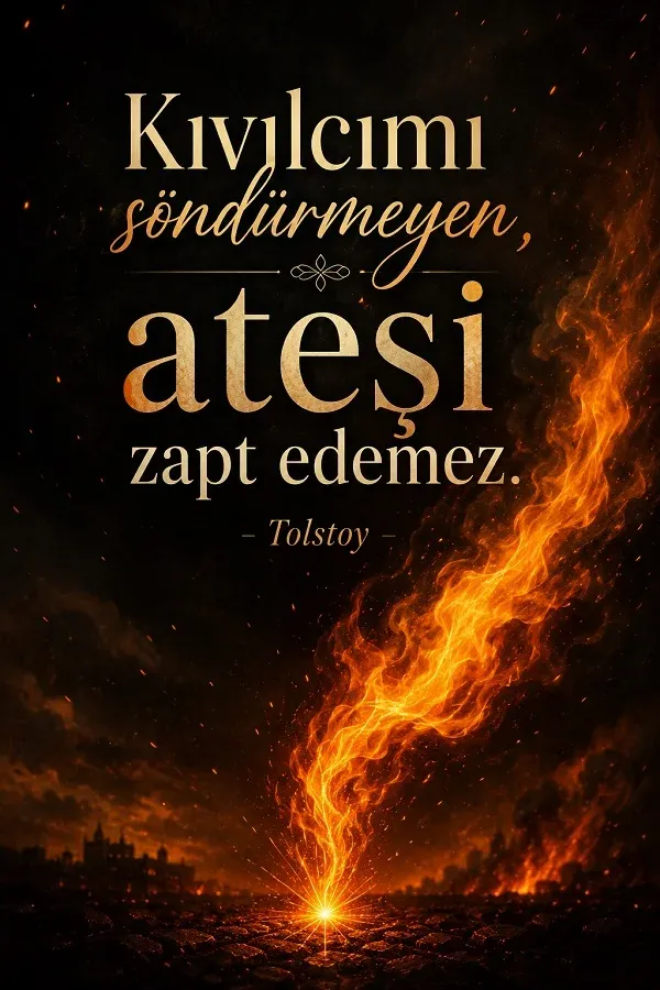 Yerden yükselen ateş kıvılcımı ve Tolstoy sözü bulunan ateş temalı görsel