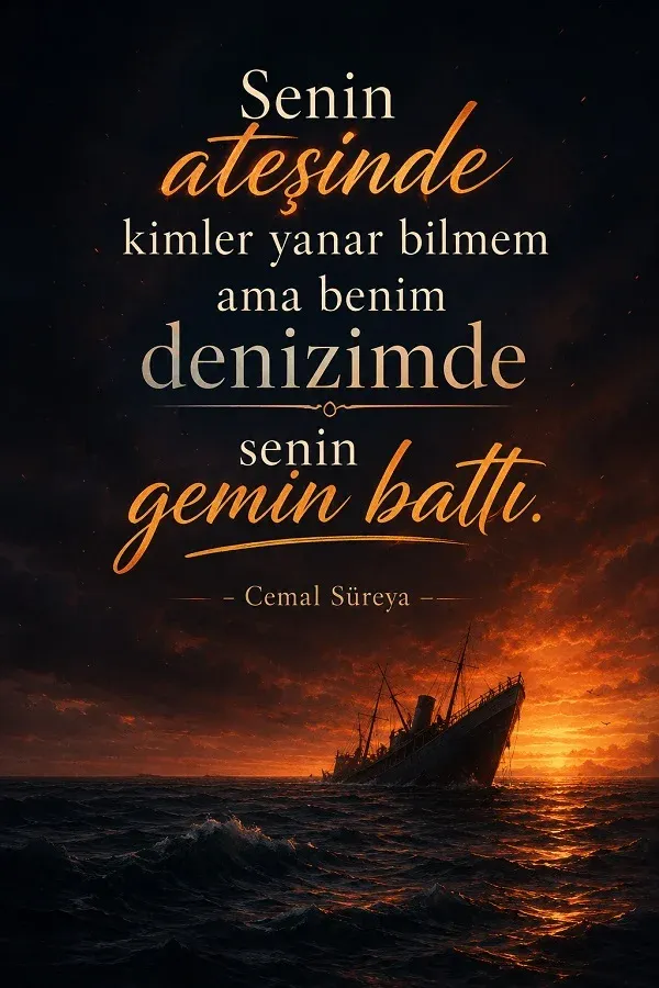 Deniz üzerinde batan gemi ve Cemal Süreya sözü bulunan duygusal görsel