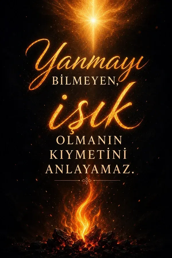 Karanlıkta yükselen ateş ve ışık üzerine anlamlı söz bulunan görsel