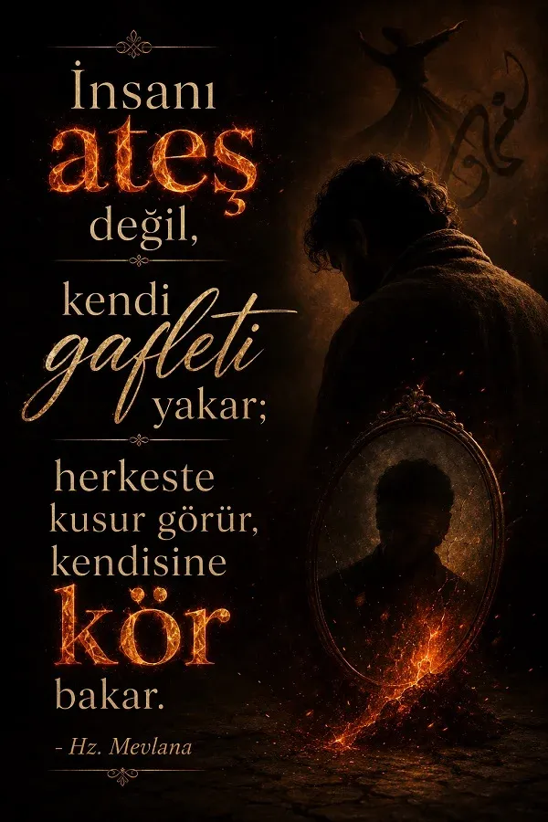 Aynaya bakan adam ve Hz Mevlana sözü bulunan ateş temalı görsel