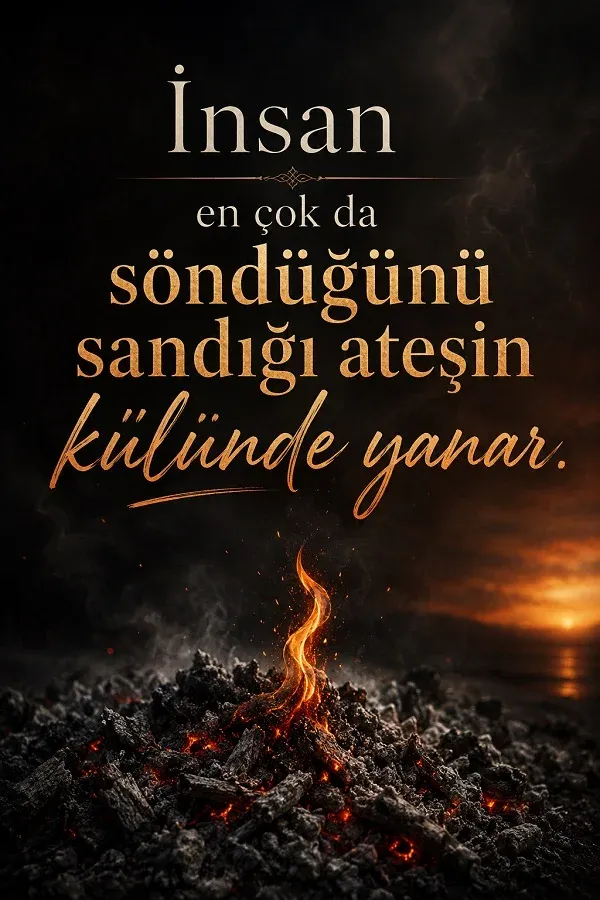 Küller arasından yükselen ateş ve duygusal söz bulunan görsel