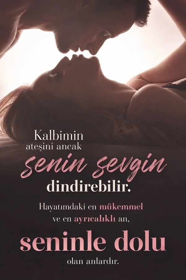 Birbirine yakın duran çift silueti ve “Kalbimin ateşini ancak senin sevgin dindirebilir” sözünün bulunduğu romantik aşk görseli.
