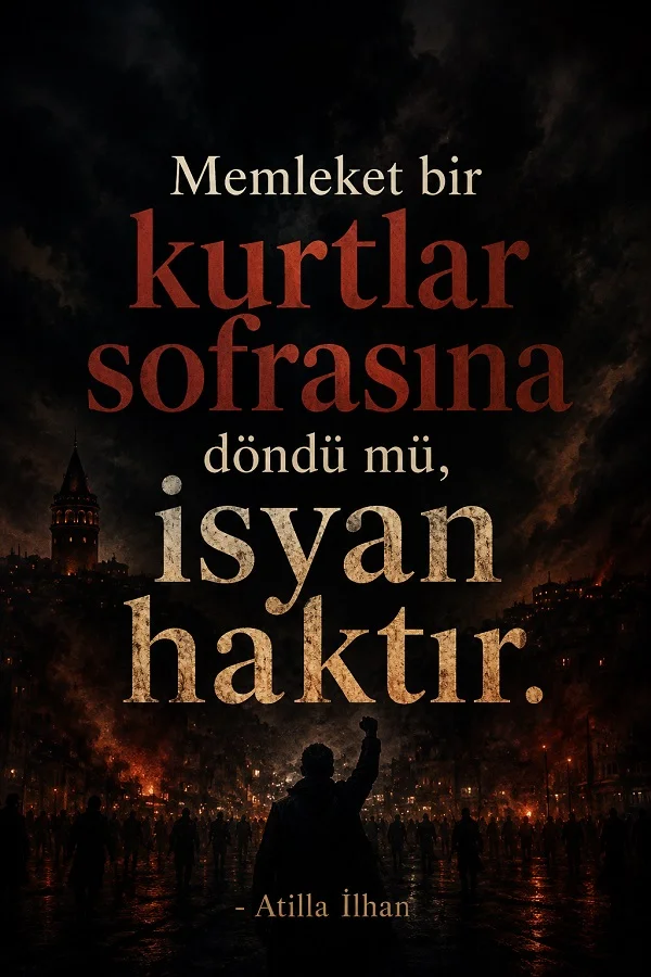 Karanlık bir şehir meydanında kalabalık ve yumruğunu kaldıran bir siluet önünde “Memleket bir kurtlar sofrasına döndü mü, isyan haktır.” Atilla İlhan sözü.