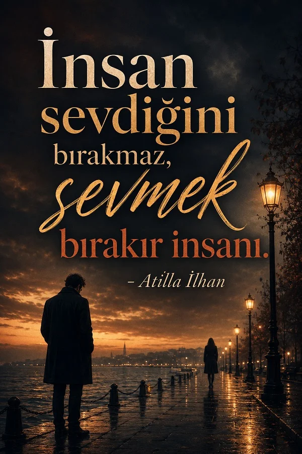 Akşam vakti sahil yolunda birbirinden uzak iki insan silüeti ve “İnsan sevdiğini bırakmaz, sevmek bırakır insanı.” Atilla İlhan sözü.