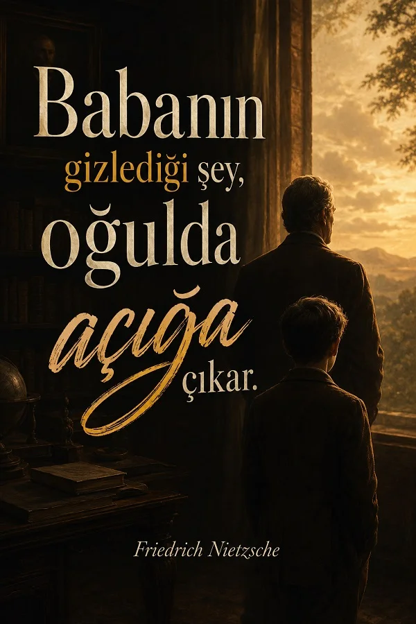 Pencere önünde dışarı bakan baba ve oğulun yer aldığı karanlık tonlu bir sahnede “Babanın gizlediği şey, oğulda açığa çıkar.” sözü ve Friedrich Nietzsche imzası bulunan tasarım.