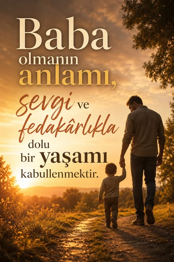 Gün batımında el ele yürüyen baba ve küçük çocuğun bulunduğu sahnede “Baba olmanın anlamı, sevgi ve fedakârlıkla dolu bir yaşamı kabullenmektir.” sözünün yer aldığı tasarım.