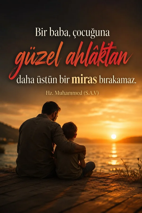 Gün batımında deniz kıyısında oturan baba ve çocuğun bulunduğu sahnede “Bir baba, çocuğuna güzel ahlâktan daha üstün bir miras bırakamaz.” sözü ve Hz. Muhammed (S.A.V) imzası yer alan tasarım.