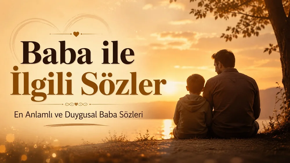 Gün batımında göl kenarında yan yana oturan baba ve çocuk silüeti görülüyor; görselde “Baba ile İlgili Sözler En Anlamlı ve Duygusal Baba Sözleri” yazısı yer alıyor.
