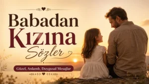 Gün batımında yan yana oturan bir baba ile küçük kızı ve Babadan Kızına Sözler başlığıyla hazırlanmış duygusal kapak tasarımı.