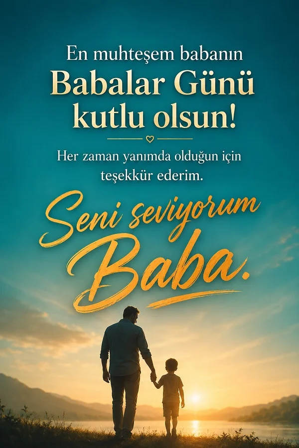 Gün ışığında el ele yürüyen baba ve çocuk silüetiyle hazırlanan, Babalar Günü kutlama ve sevgi mesajı içeren görsel.