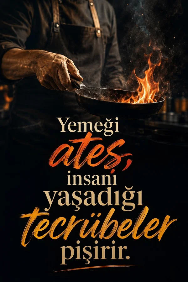 Elinde tava tutan bir aşçı ve alevler eşliğinde “Yemeği ateş, insanı yaşadığı tecrübeler pişirir” sözünün yer aldığı anlamlı söz tasarımı.