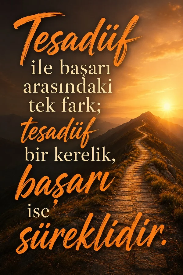 Dağ zirvesine uzanan taş yol fonunda “Tesadüf ile başarı arasındaki tek fark; tesadüf bir kerelik, başarı ise süreklidir” sözünün yer aldığı motivasyon tasarımı.