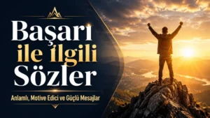 Gün doğumu ışıkları altında dağ zirvesinde kollarını kaldırarak başarı hissini yansıtan bir kişinin yer aldığı yatay kapak görselinde, sol tarafta “Başarı ile ilgili Sözler” başlığı ve “Anlamlı, Motive Edici ve Güçlü Mesajlar” alt metni bulunuyor. Arka planda dağ manzarası, altın renkli güneş ışıkları ve güçlü motivasyon atmosferi yer alıyor.