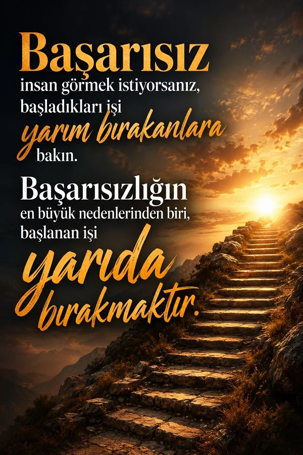 Gün doğumunda taş merdivenler fonunda “Başarısız insan görmek istiyorsanız, başladıkları işi yarım bırakanlara bakın” sözünün yer aldığı motivasyon tasarımı.
