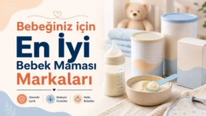 Bebeğiniz için en iyi bebek maması markaları başlığıyla hazırlanmış, biberon, mama kutuları, ölçü kaşığı ve bebek bakım ürünleri içeren pastel tonlarda kapak görseli.