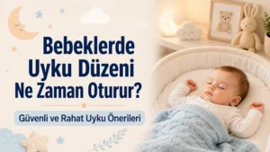 Bebeklerde uyku düzeni ne zaman oturur başlığıyla hazırlanmış, beşikte uyuyan bir bebek ve pastel tonlarda güvenli uyku temalı kapak görseli.