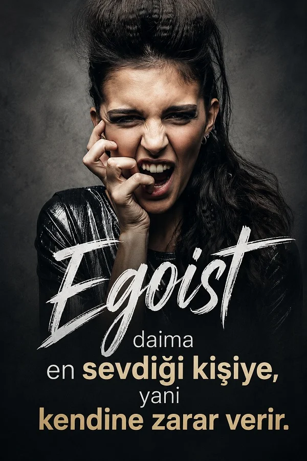 Öfkeli yüz ifadesine sahip kadın portresi ve egoistin en sevdiği kişiye yani kendine zarar verdiğini anlatan anlamlı söz.