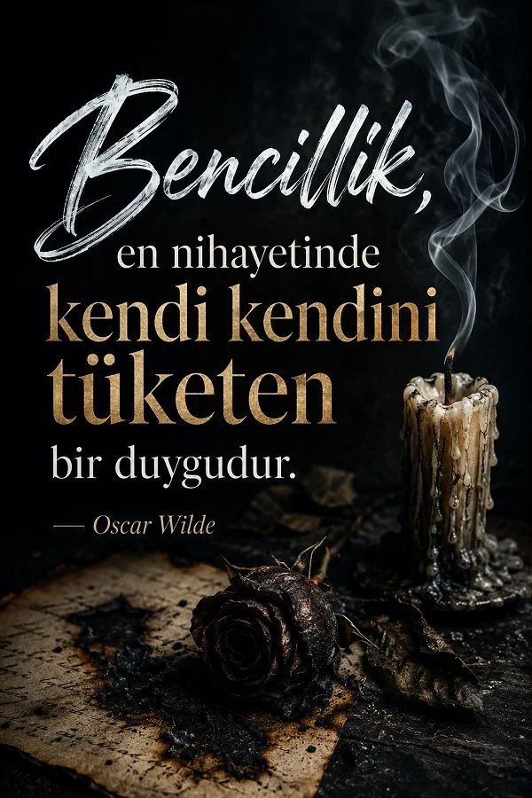 Sönmek üzere olan mum, solmuş gül ve bencilliğin insanı kendi kendine tükettiğini anlatan Oscar Wilde sözü.