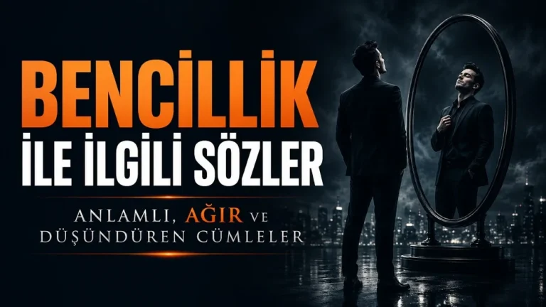 Bencillik ile ilgili sözler başlığı için hazırlanmış, karanlık arka planda aynaya bakan bir erkek figürü ve büyük tipografik yazılar içeren kapak görseli.
