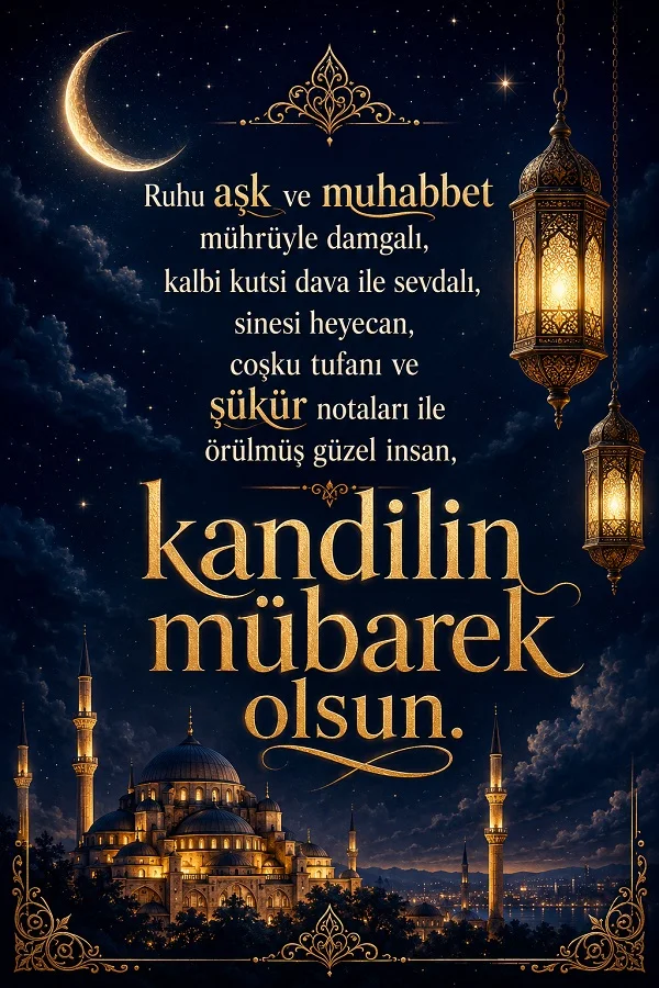 Hilal, fenerler ve cami manzarasıyla hazırlanan, “kandilin mübarek olsun” yazılı manevi kandil kutlama görseli.