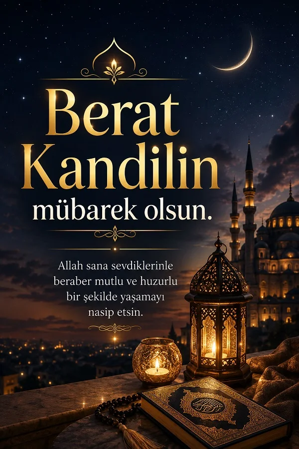 Kur’an, tesbih, mum ve kandil feneri eşliğinde “Berat Kandilin mübarek olsun” mesajı bulunan gece temalı tasarım.