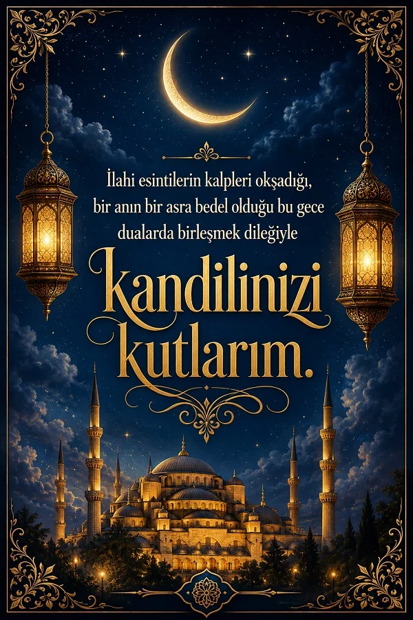 Hilal, fenerler ve cami görüntüsü üzerinde “Kandilinizi kutlarım” mesajı bulunan süslemeli kandil gecesi tasarımı.