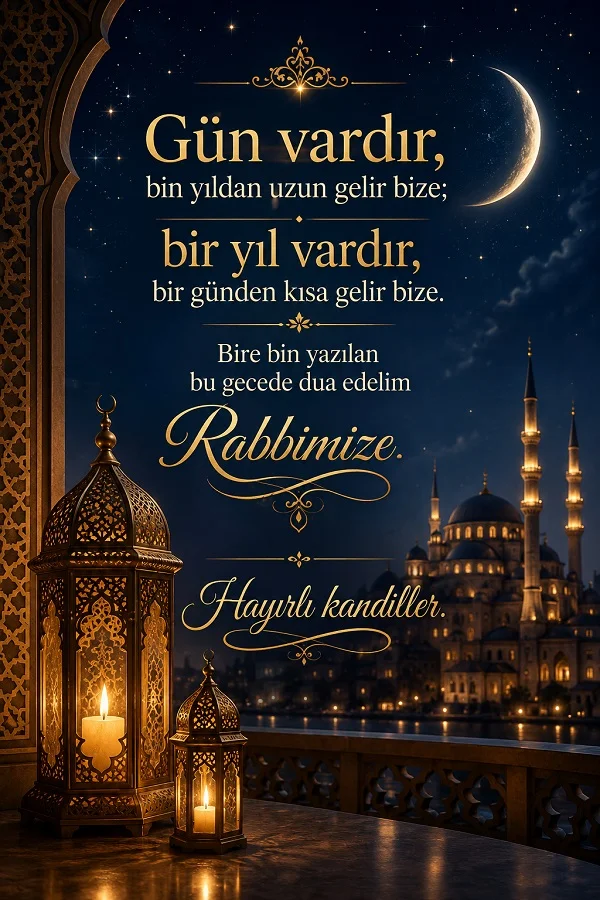 Balkon üzerindeki kandiller, hilal ve cami manzarasıyla “Hayırlı kandiller” mesajı içeren kandil gecesi tasarımı.