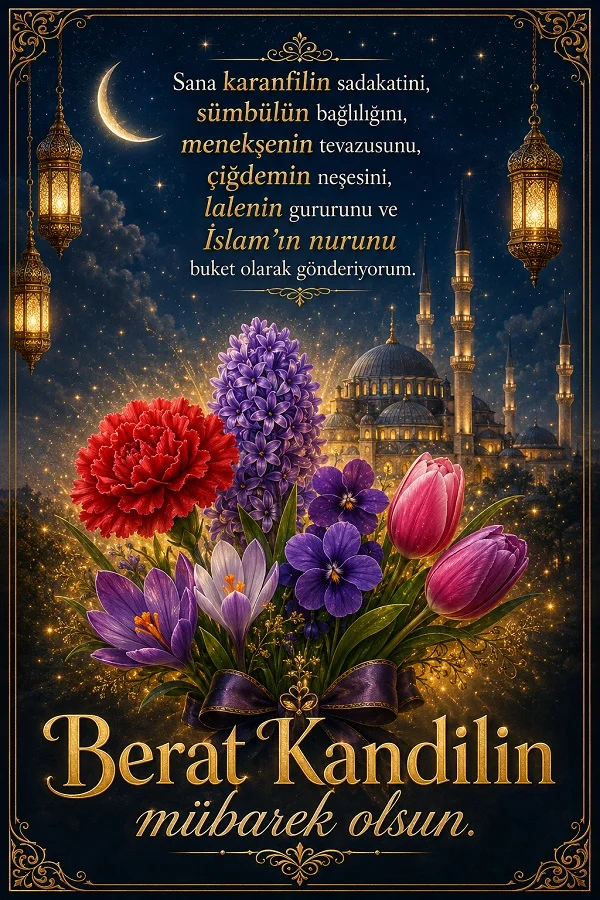 Renkli çiçek buketi, fenerler ve cami manzarası eşliğinde “Berat Kandilin mübarek olsun” yazılı kandil kutlama tasarımı.
