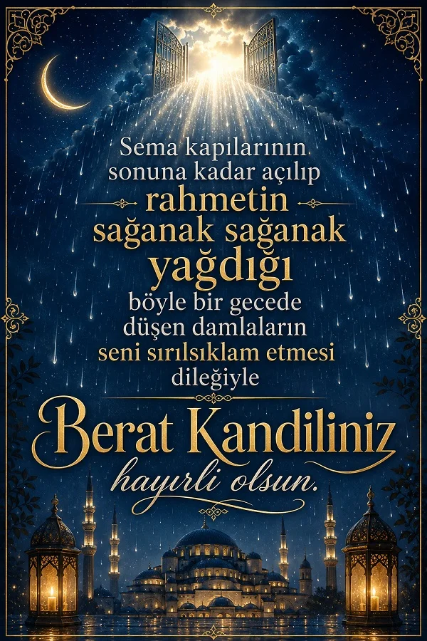 Gökyüzünden inen ışıklar, yağmur, fenerler ve cami eşliğinde “Berat Kandiliniz hayırlı olsun” mesajı bulunan kandil gecesi tasarımı.