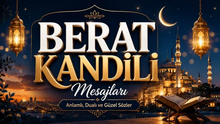 Hilal, kandil fenerleri, cami manzarası, Kur’an-ı Kerim ve büyük altın tipografiyle hazırlanmış “Berat Kandili Mesajları: Anlamlı, Dualı ve Güzel Sözler” başlıklı modern kandil kapak görseli.