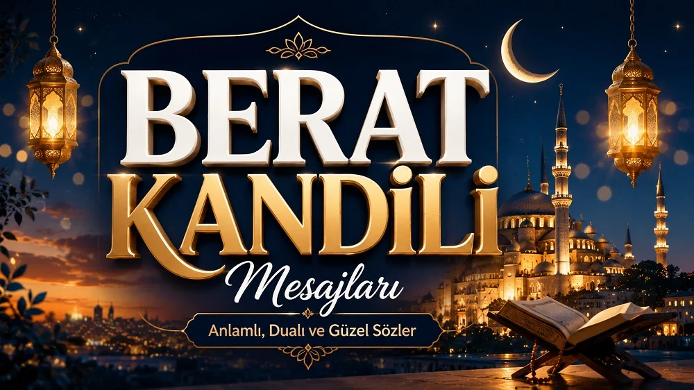 Hilal, kandil fenerleri, cami manzarası, Kur’an-ı Kerim ve büyük altın tipografiyle hazırlanmış “Berat Kandili Mesajları: Anlamlı, Dualı ve Güzel Sözler” başlıklı modern kandil kapak görseli.