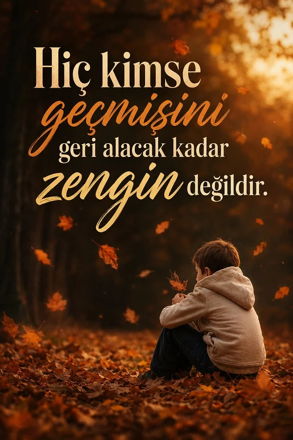 Sonbahar yapraklarıyla kaplı zeminde oturan bir çocuğun bulunduğu görselde “Hiç kimse geçmişini geri alacak kadar zengin değildir.” sözü yer alıyor.