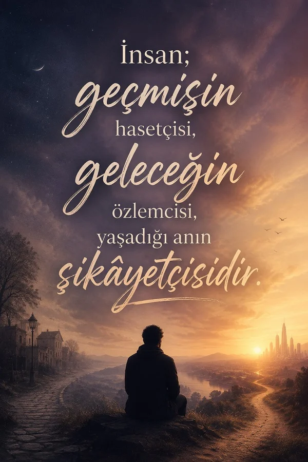 Gün batımına karşı tepede oturan bir insan siluetinin bulunduğu görselde “İnsan; geçmişin hasetçisi, geleceğin özlemcisi, yaşadığı anın şikâyetçisidir.” sözü yazıyor.