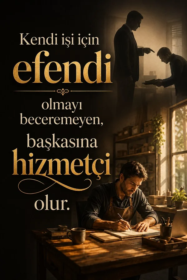 Masasında çalışan bir adam ve üst kısımda birine buyurgan şekilde konuşan iki erkek figürünün yer aldığı görselde “Kendi işi için efendi olmayı beceremeyen, başkasına hizmetçi olur.” sözü bulunuyor.