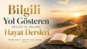 Gün doğumu manzarası, kıvrılan yol, açık kitap ve pusula detaylarıyla hazırlanmış “Bilgili Yol Gösteren Sözler ve Anlamlı Hayat Dersleri” başlıklı modern kapak görseli.