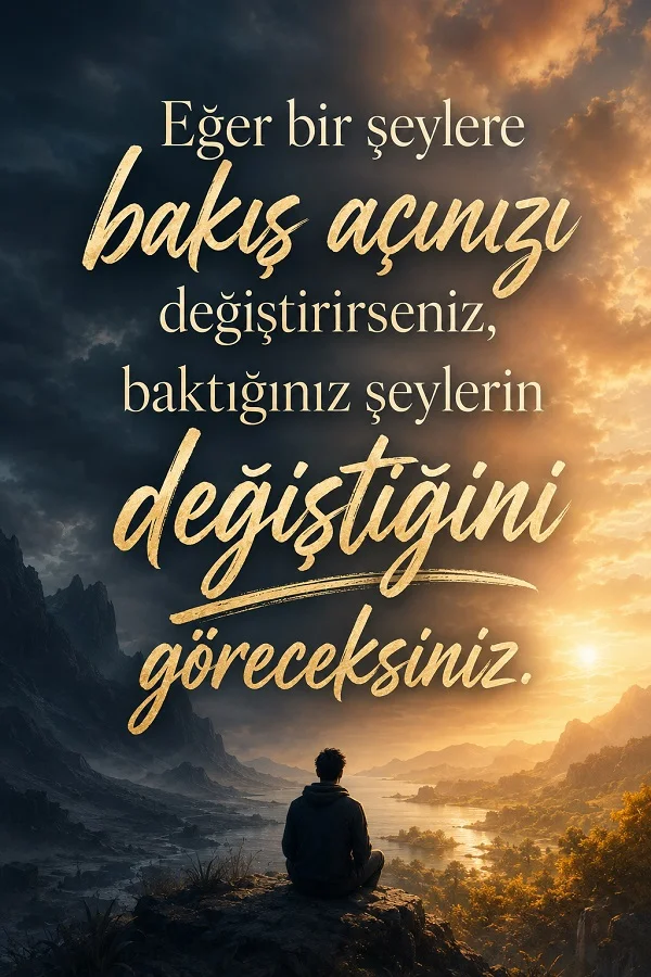 Dağlar ve nehirle çevrili geniş bir manzaraya bakan oturmuş insan figürünün bulunduğu görselde “Eğer bir şeylere bakış açınızı değiştirirseniz, baktığınız şeylerin değiştiğini göreceksiniz.” sözü yer alıyor.