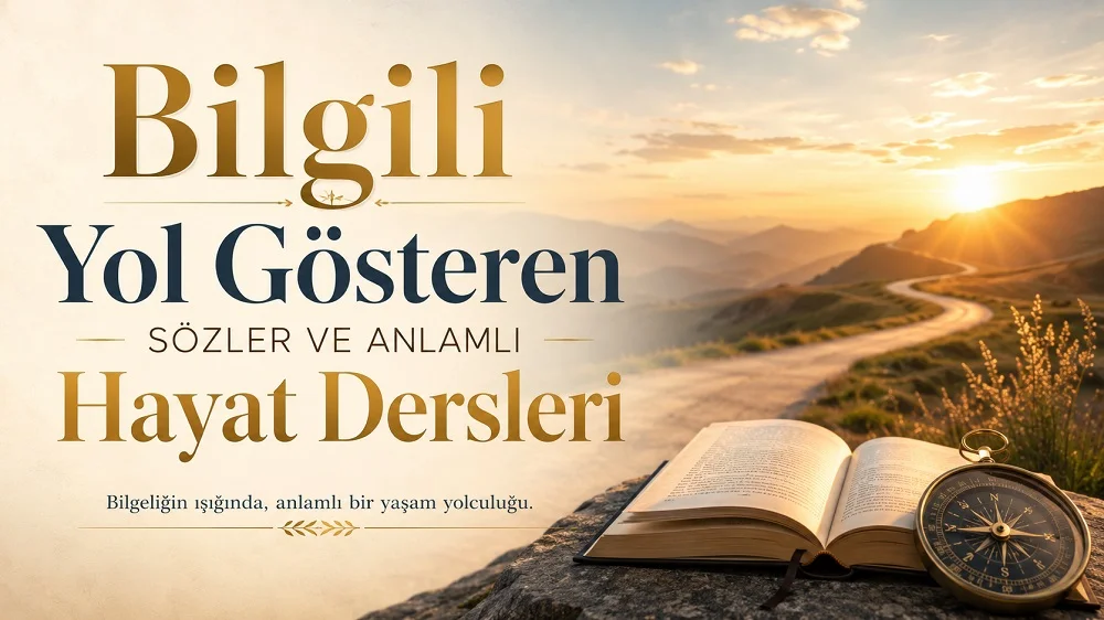 Gün doğumu manzarası, kıvrılan yol, açık kitap ve pusula detaylarıyla hazırlanmış “Bilgili Yol Gösteren Sözler ve Anlamlı Hayat Dersleri” başlıklı modern kapak görseli.