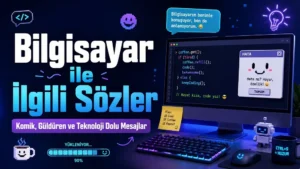 Bilgisayar ile ilgili komik sözler için neon ışıklı masaüstü bilgisayar, klavye, kod ekranı ve teknoloji esprileri bulunan kapak görseli.