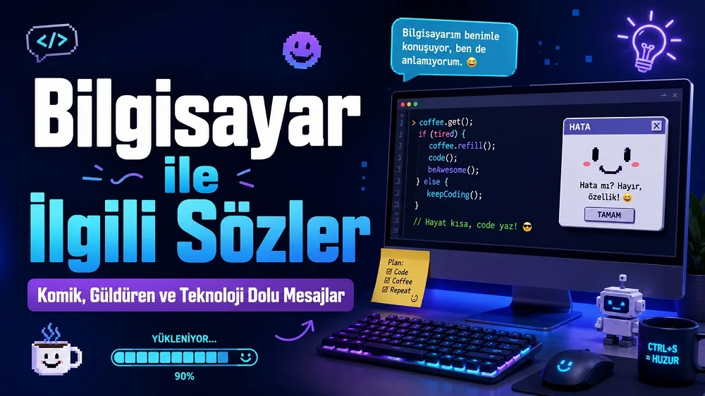 Bilgisayar ile ilgili komik sözler için neon ışıklı masaüstü bilgisayar, klavye, kod ekranı ve teknoloji esprileri bulunan kapak görseli.