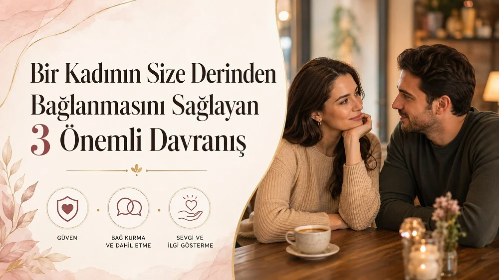 Bir kadının size derinden bağlanmasını sağlayan 3 önemli davranış başlıklı görselde, kafede samimi şekilde konuşan bir çift ve güven, bağ kurma, sevgi gösterme temalı ikonlar yer alıyor.