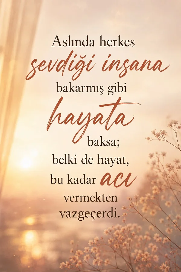 Açık bej ve gün batımı tonlarında, çiçek detaylı arka plan üzerinde “Aslında herkes sevdiği insana bakarmış gibi hayata baksa; belki de hayat, bu kadar acı vermekten vazgeçerdi.” sözü yer alıyor.